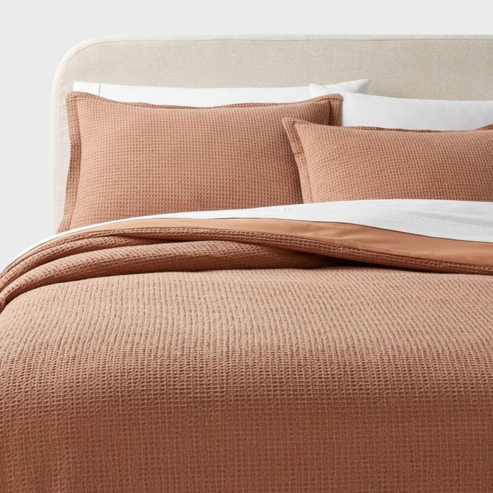 Full/Queen Washed Waffle Weave Duvet Cover and Sham Set Camel - Threshold